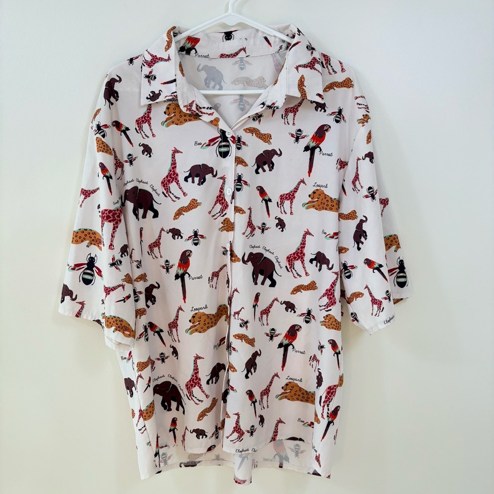 Animal Safari Jungle Print Button-Up Shirt Top. Women Sz XL